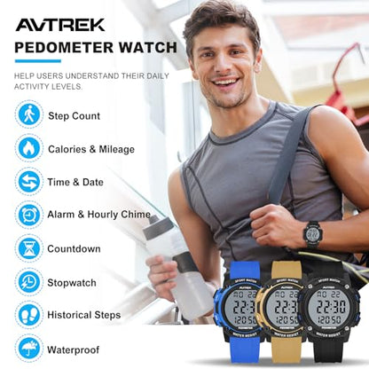 AVTREK Pedometer Watch for Walking Steps and Miles No Bluetooth/APP Needed - color: Blue