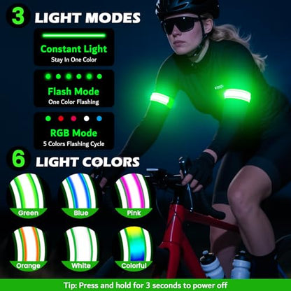 LED Armband Rechargeable for Running(2 Pack),Light Up Arm Bands for Night Walking,Running Lights for Runners,High Visibility Reflective Running Gearr for Night Safety Light Up Wristbands - size: Green