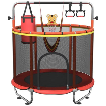 60" Toddler Trampoline for Age 2-4, 5ft Mini Kids Trampoline Indoor with Basketball Ball Adjustable Gymnastics Bar & Toys Swing Enclosure Net for Backyard ASTM Approved - color: Red