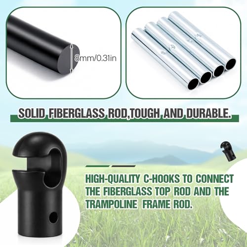 Wesiti Trampoline Fiber Glass Rods for Top Ring of Net Enclosure Fiberglass Poles for 8/10/12/14/15/16Ft Frame with Tube Caps, Not for The Plastic T Connector - size: for 15ft Trampoline Frame