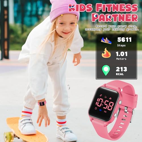 Kids Digital Watches for Boys Girls, Sports Watch with Fitness Tracker, Pedometer, Alarm Clocks, Stopwatch, No App Needed Waterproof Kids Watch, Gift for Teens Student Girls Boys Ages 5-14 - color: L6615E-WatermelonRed