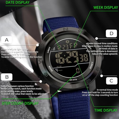 findtime Step Counter Watch No Phone Needed Pedometer for Walking Mens Women's Digital Watches with Calories Distance Alarm Countdown Timer Nylon Strap Blue