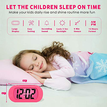 Plumeet Kids Alarm Clock Large Digital LCD Travel Alarm Clocks with Snooze and Night Light - Ascending Sound and Handheld Sized - Best Gift for Kids (Pink) - color: Pink