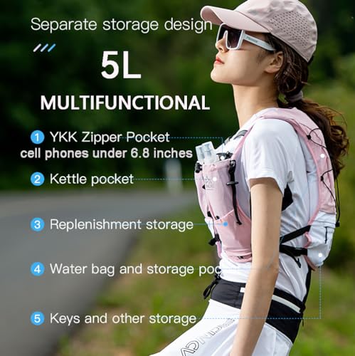 AWKSPORTS 5L Running Hydration Vest Backpack for Men Women, Adjustable & Lightweight, Front & Back Pockets for Essential Storage - style: Black with 2*500ml Flask