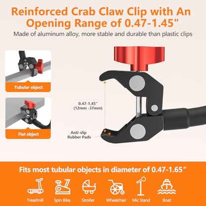 Gooseneck Tablet Holder, 19.69in Metal Crab Clamp iPad Mount for Stroller/Treadmill/Golf Cart/Boat/Mic Stand/Gym Bicycle Handlebar Clamp/Desk, Compatible with 4-13" iPad Pro/Air/Mini, iPhone, E-book