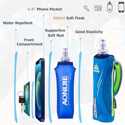 Azarxis TPU Soft Flask Collapsible Water Bottles BPA-Free 250ml 350ml 500ml for Hydration Vest Pack Running Hiking Cycling Climbing - color: A - Black 500ml Handheld Bottle