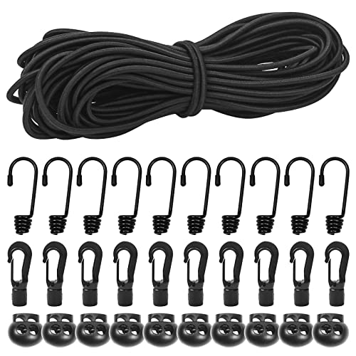 1/8" Bungee Shock Cords with Hooks,65 Feet Elastic Nylon Cords Kayak Stretch String Rope for Bikes,Tie Downs,Boating,Camping,Sunshades,Fitness and Outdoor Enthusiasts (3/16 inch x 65 feet, Black) - size: 3/16 inch x 65 feet, Black