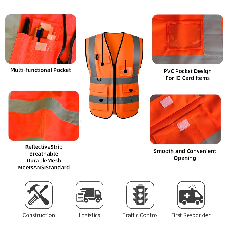 High Visibility Safety Vest with Reflective Strips & Pockets - color: Orange, size: Large