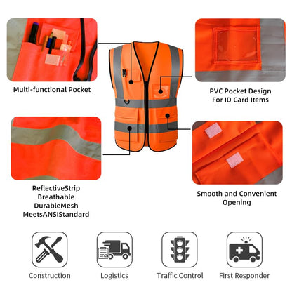 High Visibility Safety Vest with Reflective Strips & Pockets - color: Orange, size: Large