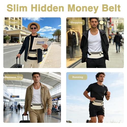 FuninCrea Waterproof Hidden Money Belt for Travel, Anti-Theft Belt Bag with RFID Blocking Function Adjustable Slim Waist Bag with 2 Zipper Pockets and 1 Back Pocket for Travel Running (B, Beige) - color: B, Beige