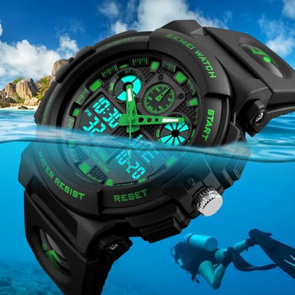MASTOP Men's Digital Analog Sports Military Watches Waterproof Outdoor LED Backlight Display Alarm Stopwatch - color: Green