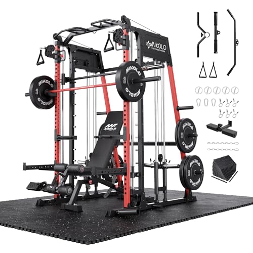 Mikolo M4 2.0 Smith Machine, 2200lbs Squat Rack with LAT-Pull Down System & Cable Crossover Machine, Training Equipment with Leg Hold-Down Attachment - color: Red, size: 96 Sqft Training Solution