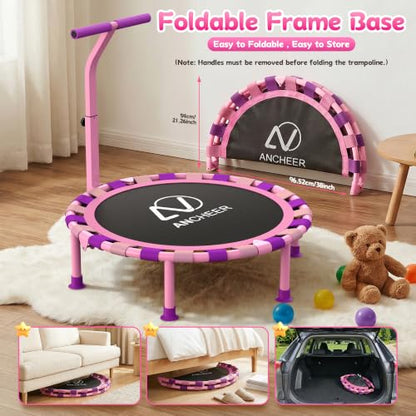 ANCHEER 38" Toddler Trampoline for Kids, ASTM Certified Foldable Mini Trampoline with Adjustable Foam Handle, Indoor & Outdoor Kids Trampoline, Quiet Design, 200 LBS Capacity, Easy Assembly - color: Pink Purple