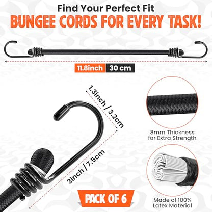 Bungee Cords with Hooks - Latex Made Heavy Duty Weatherproof & UV - Resistant Elastic Bungee Straps (Black, 12 Inches - Pack of 6) - size: 12 Inches - Pack of 6