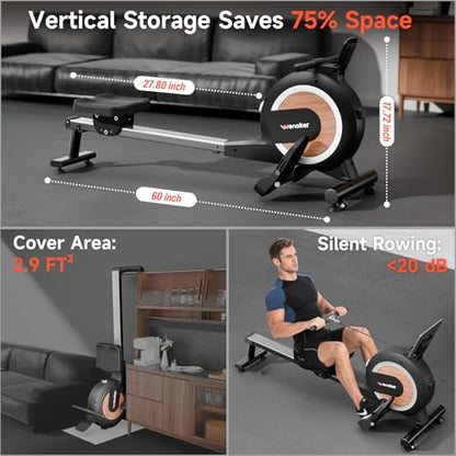 Wenoker Rowing Machine for Home, Magnetic Rower Machine, 350 LB Weight Capacity, 16-Level Silent Resistance Row Machine for Gym Exercise - color: Black brown