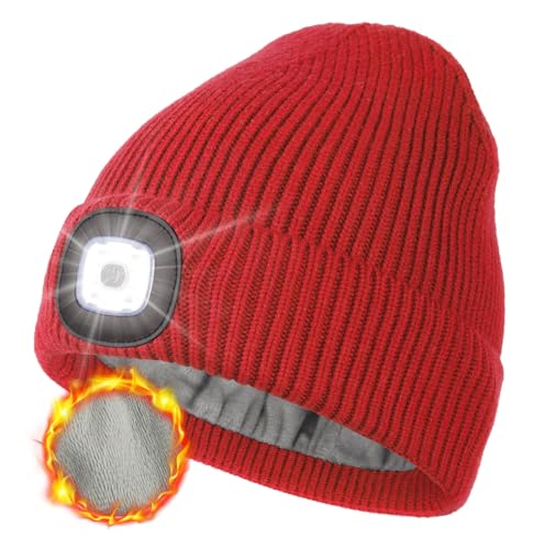 MELASA Winter Fleece Lined Beanie with The Light, Warm Gifts for Men Dad - color: Red