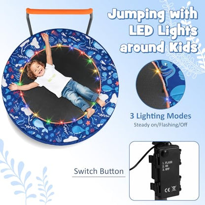 GYMAX 36” Toddler Trampoline with Lights, Folding Springless ASTM Approved Small Kids Rebounder with Foam Handle, Safety Padded Cover & Foldable Legs, Mini Indoor Baby Trampolines (Dark Blue)