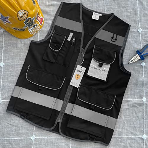 TCCFCCT Safety Vest for Men Women 9 Pockets High Visibility Vest, Black XL - color: Black Fabric-bison 001, size: X-Large