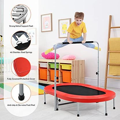 Giantex Mini Trampoline, 2 Persons Foldable Fitness Trampoline w/ 5 Levels Height Adjustable Handle, Max Load 330LBS, Indoor Oval Rebounder Exercise Trampoline for Adult, Kid, Enjoy Parent-child Time - color: Red