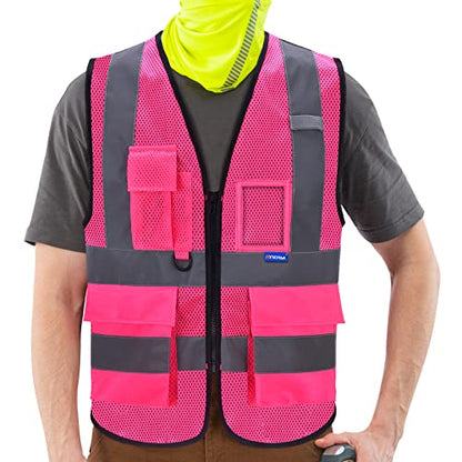 A-SAFETY Hi-Vis Reflective Mesh Vest with 7 Pockets, Zipper, Pink, 6XL-8XL - color: Pink Mesh, size: 6X-Large