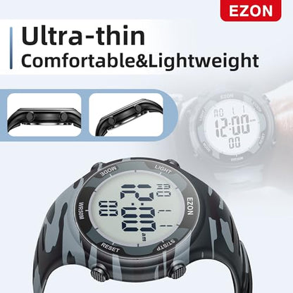 EZON Digital Watch with Stopwatch Countdown Timer Alarm EL Backlight,Ultra-Thin Large Display 5ATM Waterproof Digital Wrist Watches for Men Women - color: Matte Black