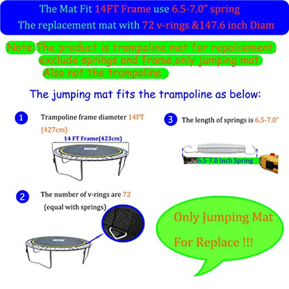 Trampoline Replacement Mat,Mat Diameter:11.97-12.56FT,Fits 14ft Trampoline Frame,with 72 80 84 88 96 Rings for Choose,Fits 5.3-8.5 Inch Springs(Need to Choose),Spring and Frame not Include. - style: 72 V-Rings/147.6" Diam/Fits 6.5"-7"Spring