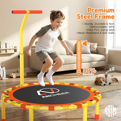 ANCHEER 38" Toddler Trampoline for Kids, ASTM Certified Foldable Mini Trampoline with Adjustable Foam Handle, Indoor & Outdoor Kids Trampoline, Quiet Design, 200 LBS Capacity, Easy Assembly - color: Yellow
