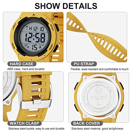 GOLDEN HOUR Mens Waterproof Digital Sport Watches Wide Screen Easy Read Display Military Style with Rubber Strap - color: yelllow