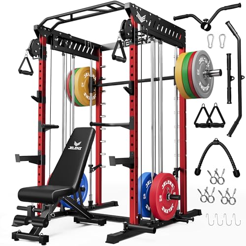 JELENS M21 Smith Machine, Multi-Function Power Cage with Dual Pulley Cable Crossover System, 2000LBS All-in-One Squat Rack with Smith Bar and Attachments - color: Red, size: 370LB Colored Weights Package