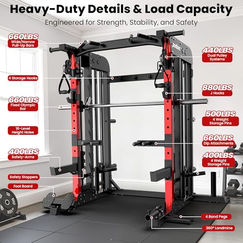 pooboo Power Cage Smith Machine with 2000LB Squat Rack Cable System