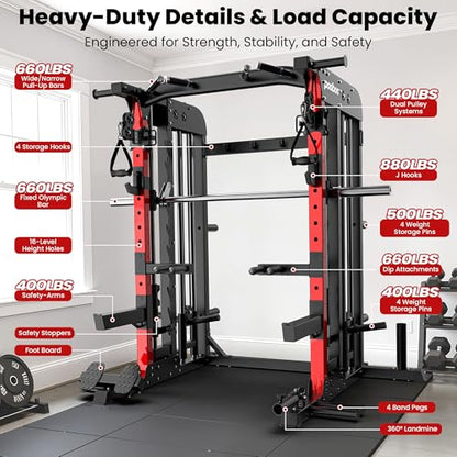 pooboo Power Cage Smith Machine with 2000LB Squat Rack Cable System
