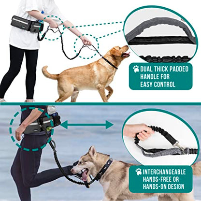 PetAmi Hands Free Dog Leash, Dog Running Leash Belt Bag for Walking, Jogging, Dog Waist Double Zipper Pouch with Poop Bag Dispenser, Dual Padded Handles Reflective Bungee Leash, Single (Charcoal Grey) - color: Charcoal Grey, size: 1 Leash