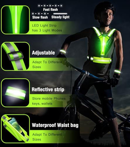 LED Reflective Vest Running Gear Set,USB Rechargeable Light Up Running Vest for Runners Night Walking with Waterproof Phone Bag,High Visibility Armband,Adjustable Waist&Shoulder for Men Women - color: Green