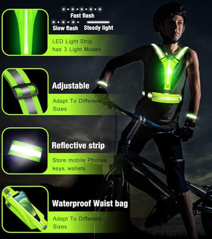 LED Reflective Vest Running Gear Set,USB Rechargeable Light Up Running Vest for Runners Night Walking with Waterproof Phone Bag,High Visibility Armband,Adjustable Waist&Shoulder for Men Women - color: Green