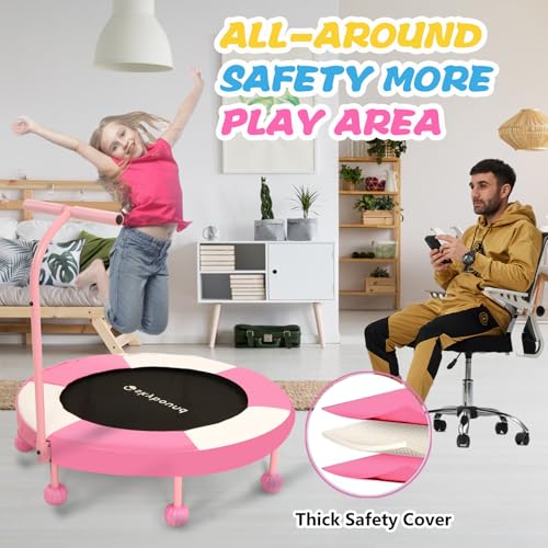36" Toddler Trampoline with Adjustable Handle, ASTM Certified Foldable Mini Trampoline for Kids Ages 1-6, Indoor Trampoline for Boys & Girls, Small Trampoline for Home & Garden