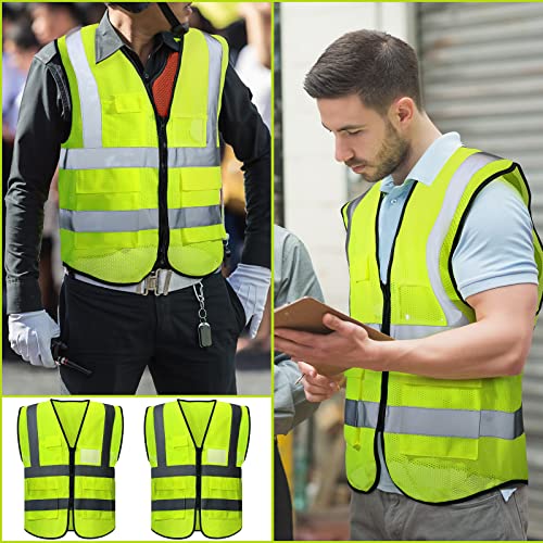 Newcotte 40 Pack Safety Vests Bulk Yellow Reflective High Visibility Vest with Mesh Pocket Zipper, Hi Vis Silver Strip for Men, Neon