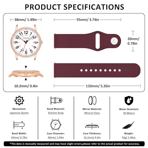 TKIIOER Nurse Watch for Nurse Medical Professionals Students Women Men, 50M Waterproof 12/24 Hour Military Time Luminous Easy Read Dial, Second Hand Watch for Nursing - color: Rose Wine Red