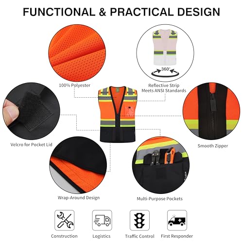 Gasoline Class 2 High Visibility Reflective Safety Vests Women & Men With 5 Pockets And Zipper Front,Meets Ansi/Isea - color: Orange Black, size: X-Small