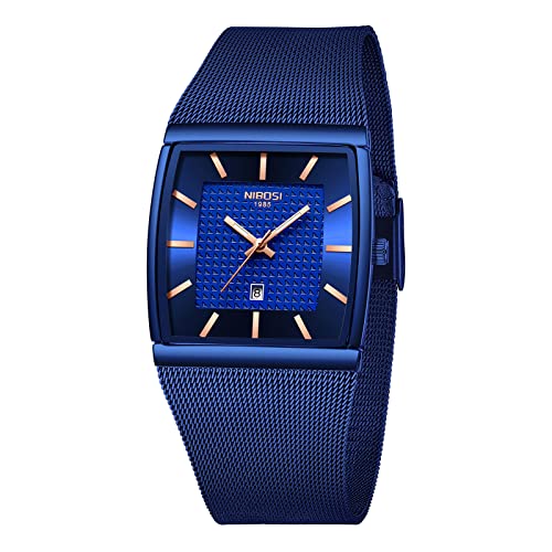 NIBOSI Men's Analog Watch, Square Dial Mesh Strap, Date Display - color: 2376-Blue