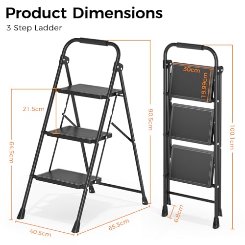 KINGRACK 3 Step Ladder Folding Step Stool with Handrail for Kitchen Black - size: 3-step