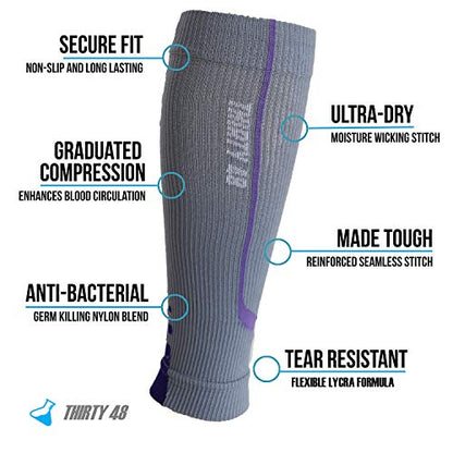 Thirty48 Graduated Calf Compression Sleeves 15-20 OR 20-30 mmHg | Maximize Fast Recovery by Increasing Oxygen to Muscles - color: [2 Pairs] Purple, size: Large