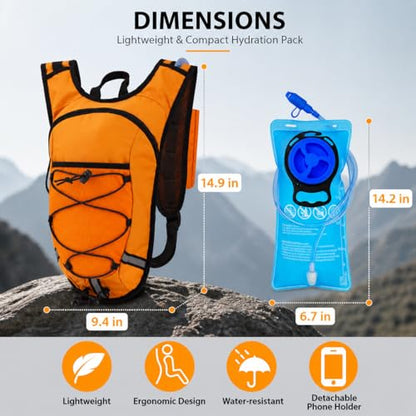 Lightweight Hydration Backpack 2L Water Bladder Pack for Running, Cycling, Hiking – Anti-Theft Water Backpack with Phone Holder, Trekking Pole Holder & Reflective Strips for Men & Women - color: Orange