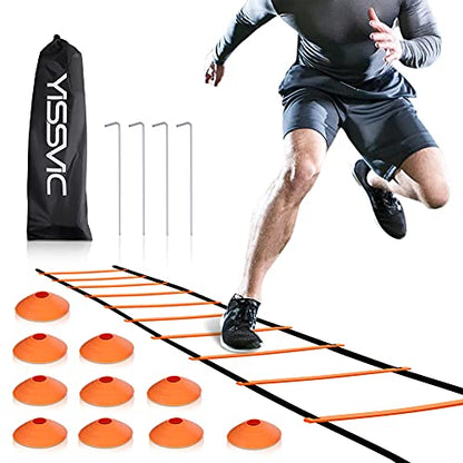 YISSVIC Agility Ladder and Cones 20 Feet 12 Adjustable Rungs Fitness Speed Training Equipment,1 Carry Bags, 10 Cones, 4 Stakes, Basketball, Soccer