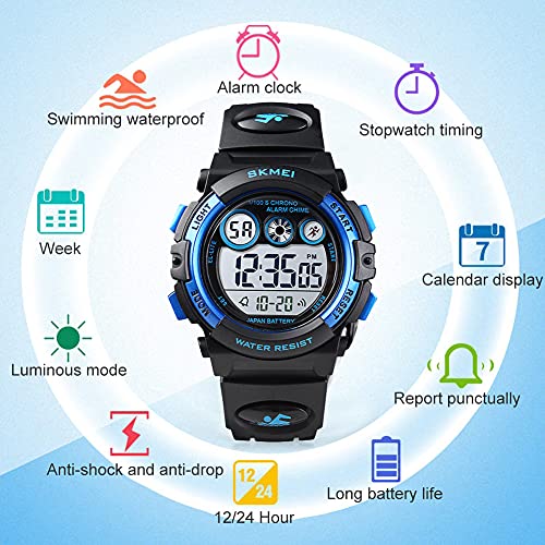 GOLDEN HOUR Watches for Kids Digital Sport Waterproof Boys Girls Watch Outdoor 12/24 H Alarm EL Backlight Stopwatch Military Child Wristwatch Ages 3-15 - color: Black