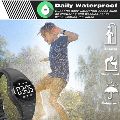 Kids Pedometer Watch, Digital Step Counter Watch, Waterproof Wristwatch, Calendar Alarm Clock for Children Boys Girls - color: Black