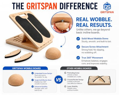 Slant Board for Exercise, 3-in-1 Wooden Calf Stretcher, Rocker Balance Board and 360° Wobble Board, 5 Adjustable Angles, Anti-Slip Surface, Training Poster Included
