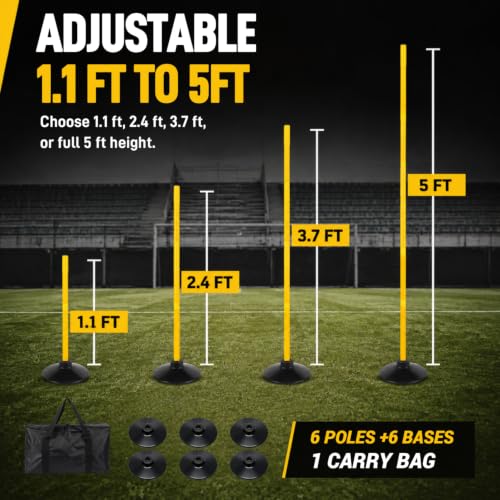6 Pcs 5 FT Adjustable Agility Training Poles for Soccer,Basketball,Football, Horse,Dog-Speed and Agility Training Equipment Sports Training Poles with Rubber Bases and Bag - color: yellow
