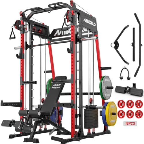 Mikolo M4 2.0 Smith Machine, 2200lbs Squat Rack with LAT-Pull Down System & Cable Crossover Machine, Training Equipment with Leg Hold-Down Attachment - color: Red, size: M4 2.0 Elite Package (with Color BP230lbs)