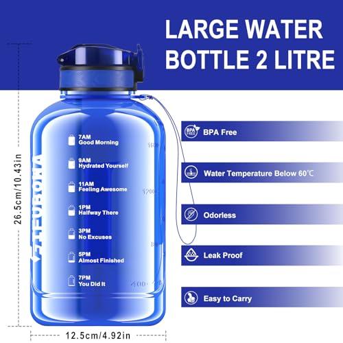 2 Litre Water Bottle with Straw, Motivational Sports Jug - color: Royal Blue-2L, size: 67.6 Ounces