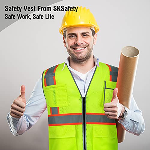 SKSAFETY 10 Pockets Safety Vest, Class 2 High Visibility Security with Zipper Double-sided mesh, Hi Vis Vest with Reflective Strips, ANSI/ISEA Standard, Construction Work Vest （Lime, 3XL） - color: Yellow Mesh, size: 3X-Large